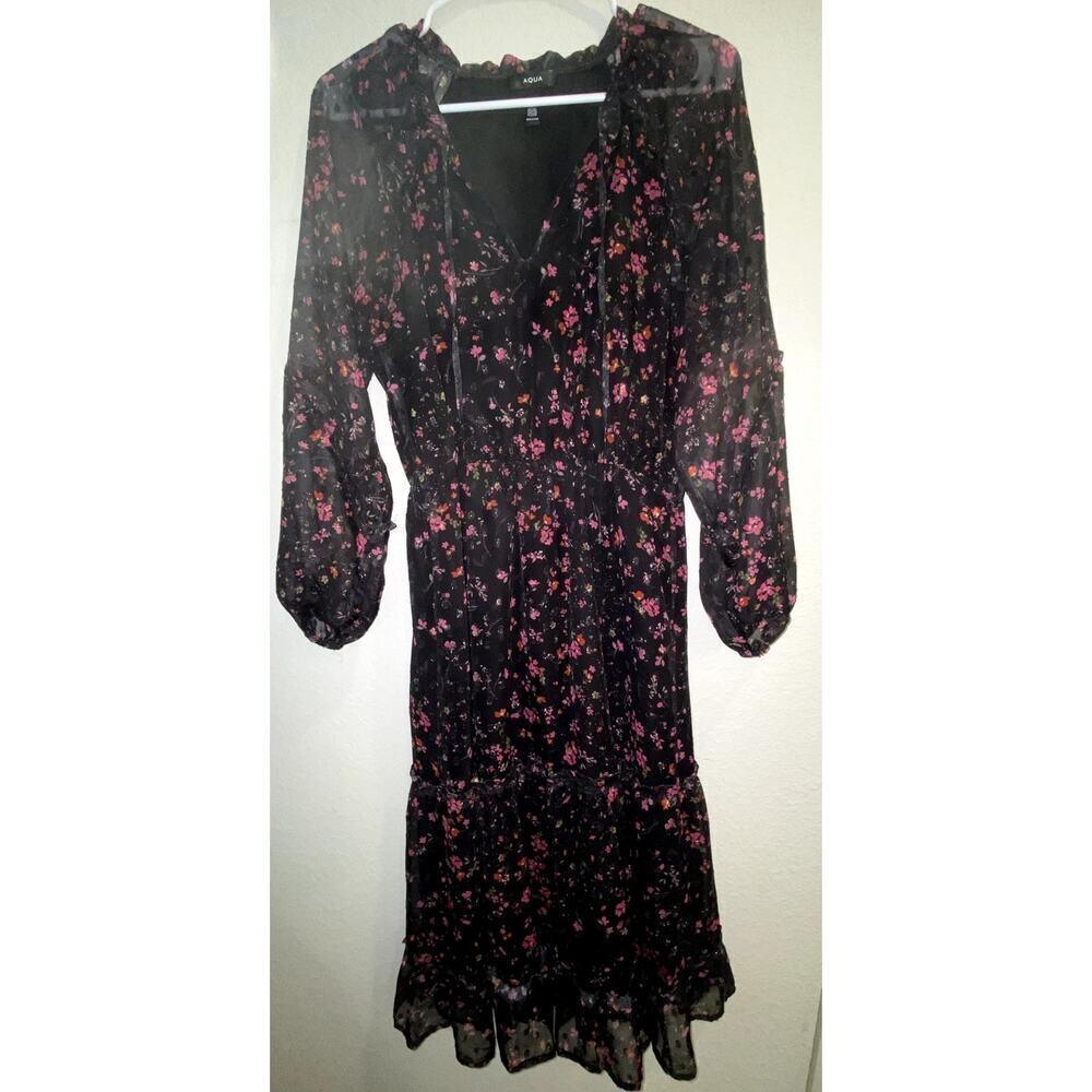 AQUA Womens Black Floral Sheer Tiered Midi Dress Size Small